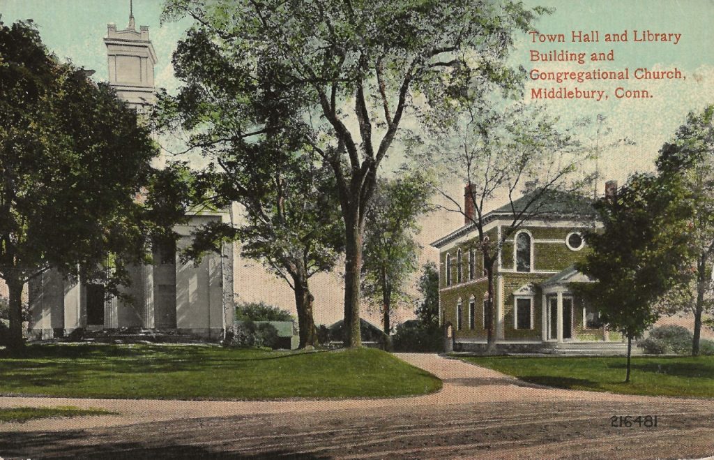 This post card from 1924 shows the second meeting house and adjacent Town Hall. Both were destroyed in the fire of 1935 and rebuilt along similar lines.